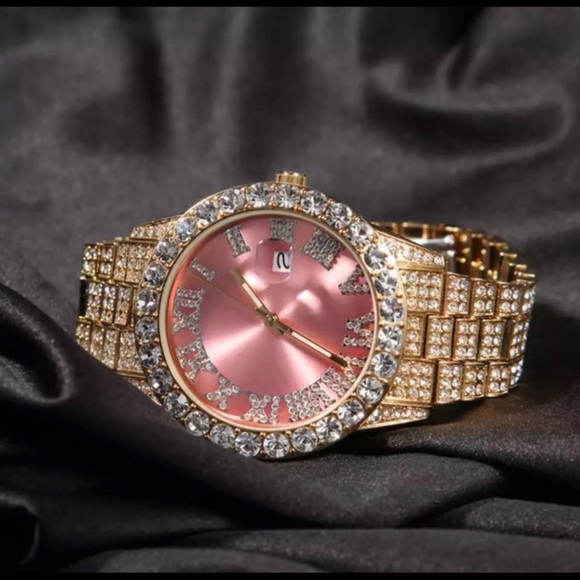 Accessories - Gold pink watch ,THE HIP HOP Big Dial Full Iced Out ,Men Watches